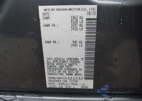 2020 Nissan Altima S Fwd from USA, damaged, VIN 1N4BL4BV7LN321532